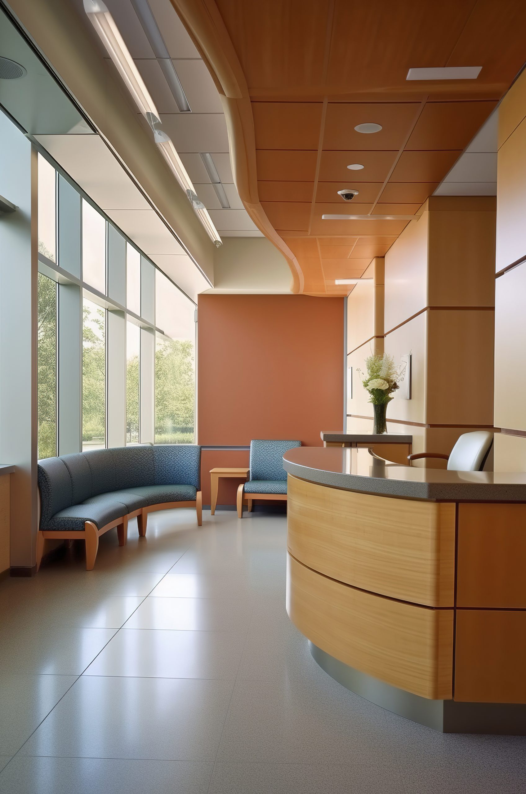 Generative AI illustration of a medical clinic waiting room with modern furniture and natural light coming through the window. health concept